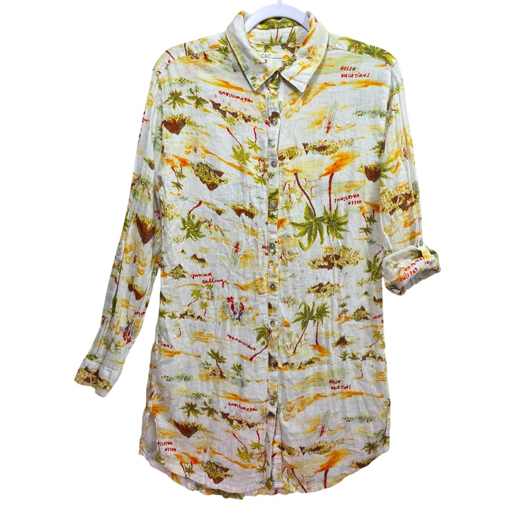Womens Tropical Postcard Vacay Tunic Top Linen Blend Sz S Mermaid Hawaiian Beach